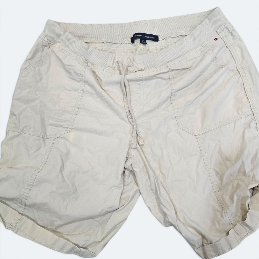 Tommy Hilfiger Womens Size L Beige Cargo Shorts Drawstring Elastic Waist